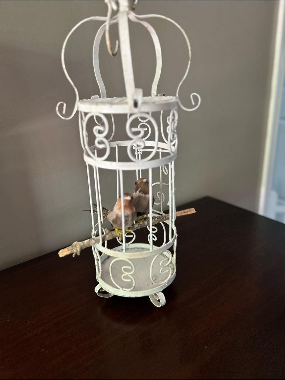 Vintage White Decorative Metal Birdcage with Faux Birds
